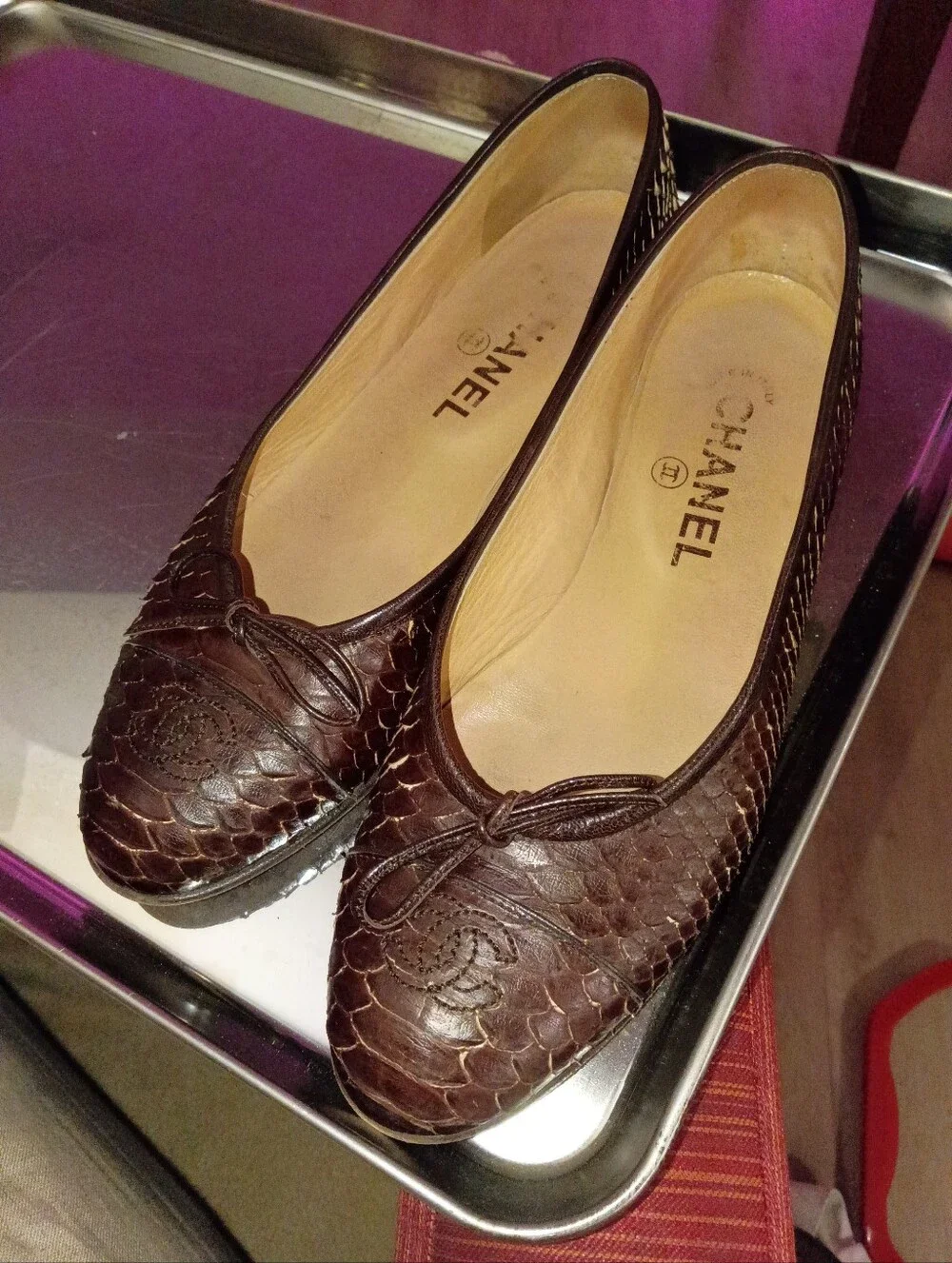 CHANEL Brown Python-Embossed Leather Ballet Flats - Picture 1 of 7